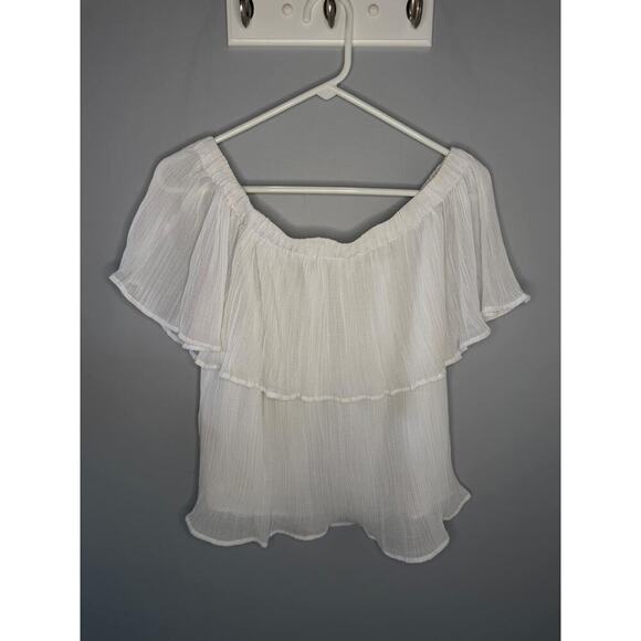 Express Pleated Sheer Off The Shoulder Peplum Top Pearl White Womens Medium - Picture 3 of 8